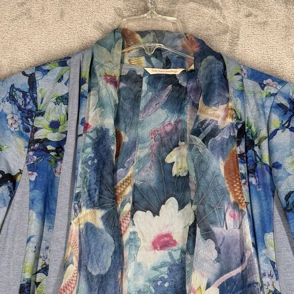 Soft Surroundings Sweater Womens Medium Blue Tea Garden Topper Floral Birds Boho - Picture 5 of 10